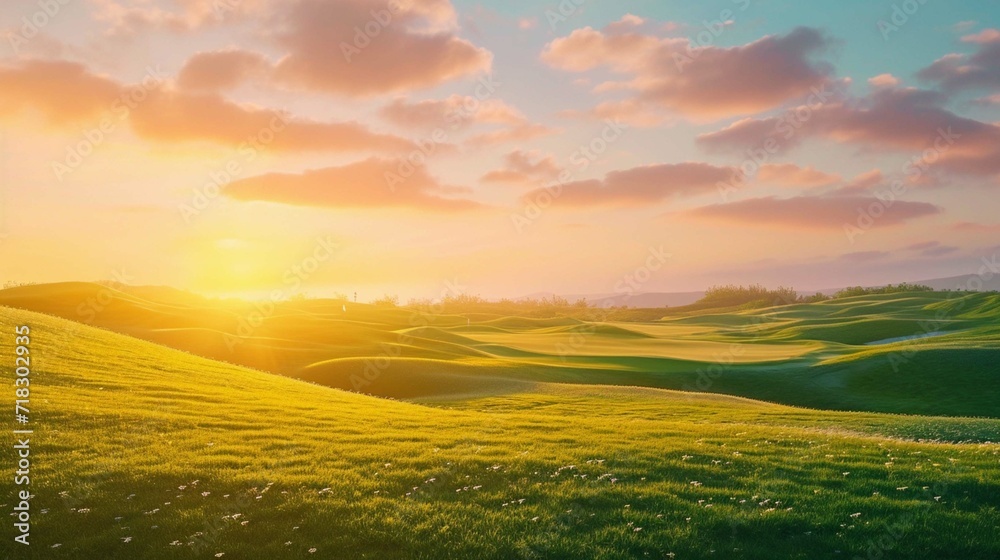 beautiful golf course at sunset or sunrise, generative ai