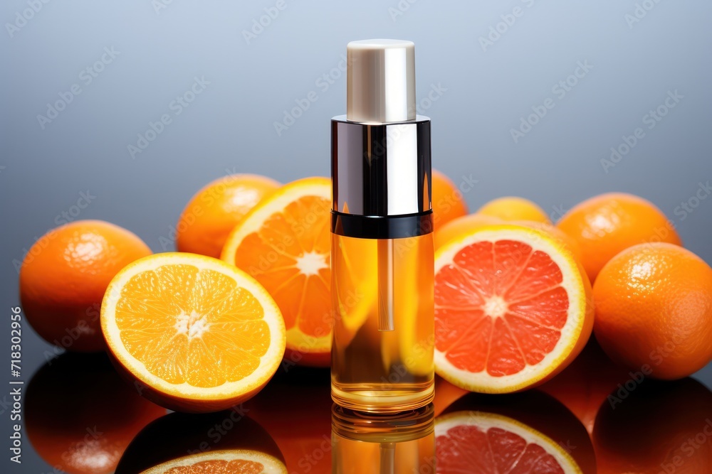 vitamin c serum bottle with cut oranges on minimal gray background. Product cosmetics ad poster mockup.