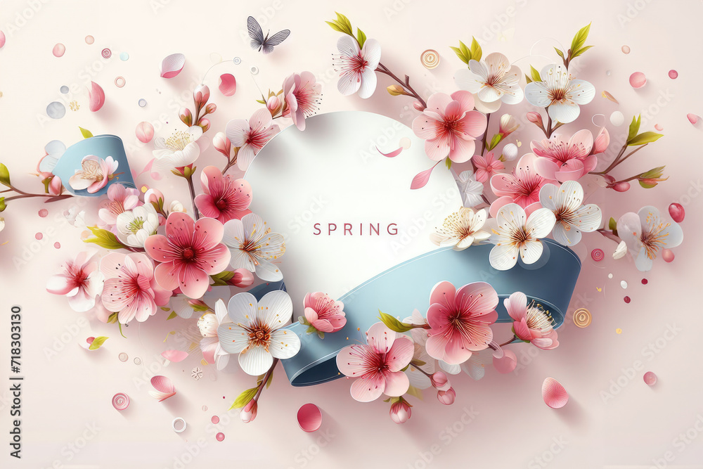 Phrase Hello spring on pastel background with flowers, frame of flowers, spring holiday greetings - obrazy, fototapety, plakaty 