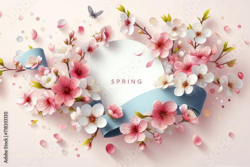 Phrase Hello spring on pastel background with flowers, frame of flowers, spring holiday greetings photo