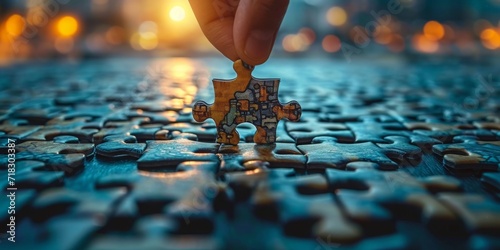 Final Piece of the Puzzle: A Hand Placing the Last Jigsaw Piece as the Sun Sets, Symbolizing Completion and Success, Generative AI photo