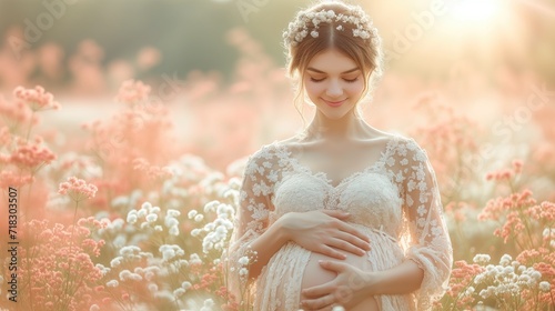 pregnant woman in a flower field, beauty and anticipation of pregnancy, pregnancy photography