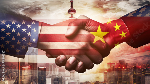 A handshake between USA and China flags superimposed over a global cityscape.
