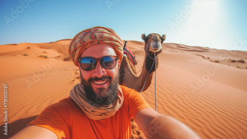 Selfie of a Man with a Camel on the Desert Dunes Travel Tourism, Generative AI 