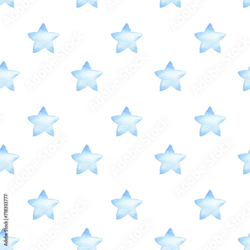 Watercolor seamless pattern with blue stars.Hand painted background for baby boy. © Lora