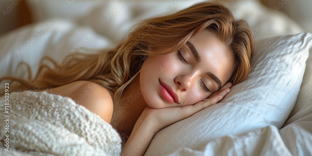 Fototapeta premium Serene Slumber: A Beautiful Young Woman Sleeping Peacefully in a Cozy White Bed, Embracing the Tranquil Beauty of Restful Sleep and Serenity, Generative AI
