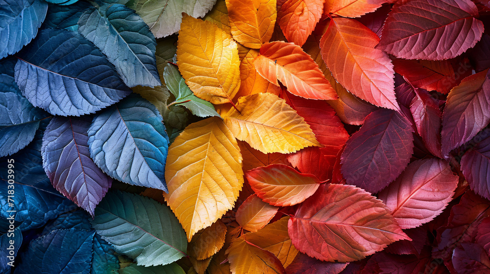 Color gradient made of colorful autumn leaves. Top view of colorful autumn foliage with copy space. Changing seasons concept