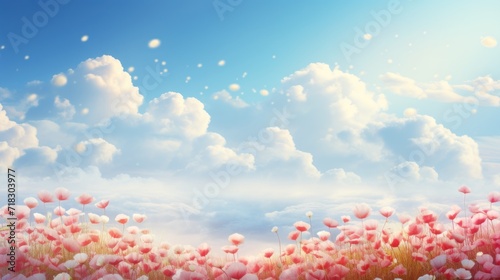  a painting of a field of pink flowers under a blue sky with puffy white clouds in the foreground.