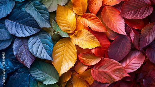 Color gradient made of colorful autumn leaves. Top view of colorful autumn foliage with copy space. Changing seasons concept