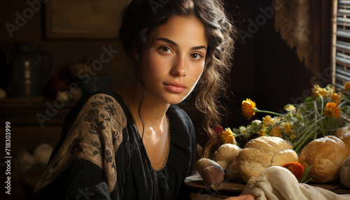 Young woman smiling, looking at camera, holding vegetable, cooking in kitchen generated by AI
