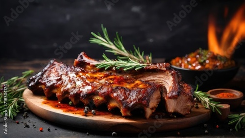 Grilled pork ribs with grilled sauce, spices and rosemary