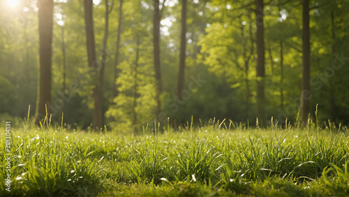 The background trees frame a field of grass, kissed by the sun's rays and enhanced by an anamorphic lens flare