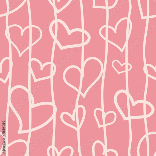 Delicate seamless vector pattern of hearts on a background of stripes in a careless doodle form