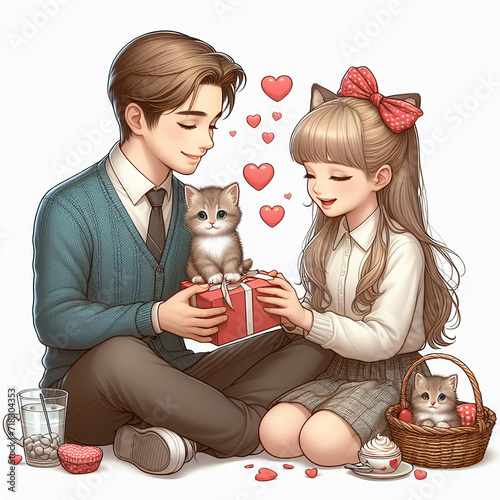 boy gives girl a kitten as a gift