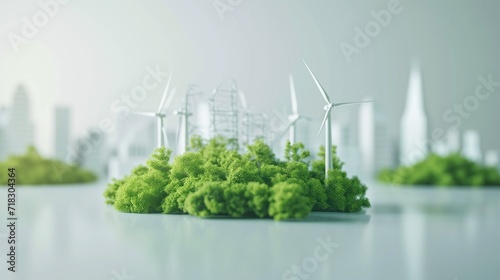 A cityscape with green energy solutions, including wind turbines and solar panels, promoting eco-friendly and sustainable urban living for a healthier planet. © TensorSpark