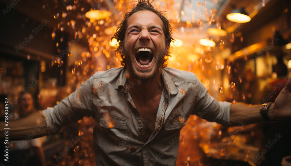 One man screaming with joy, celebrating outdoors at night generated by AI One man screaming with joy, celebrating outdoors at night generated by AI