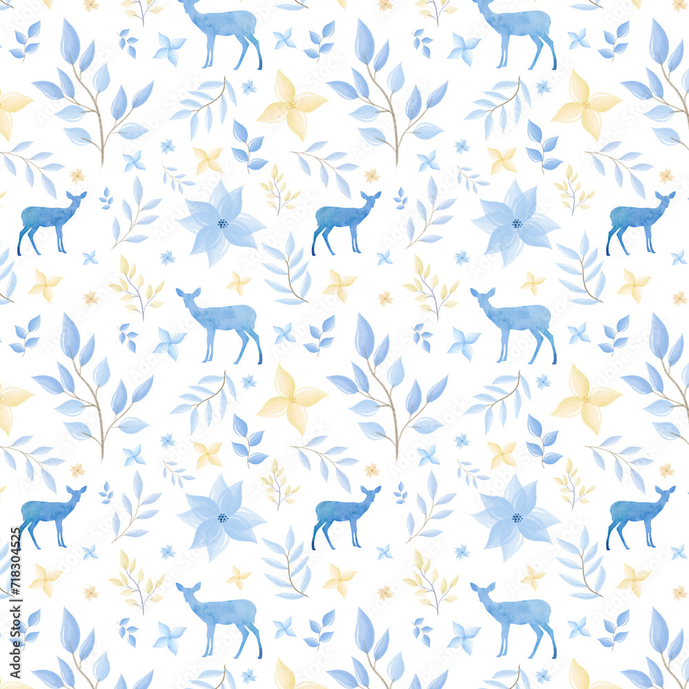 Blue winter seamless pattern. Watercolor blue pattern with flowers, leaves and deer