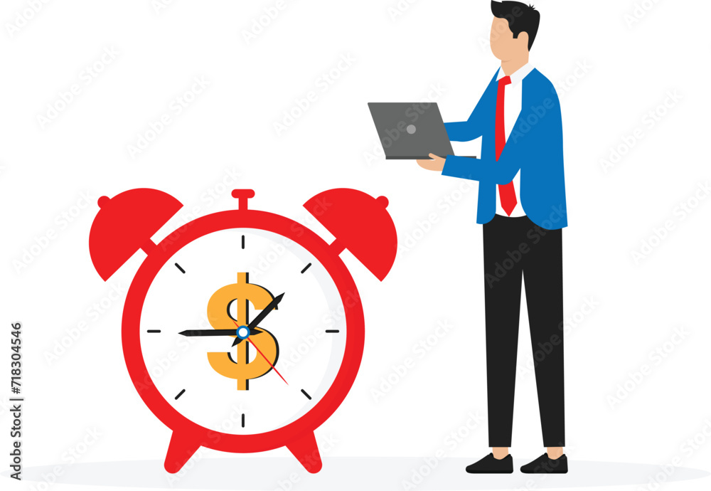 Time is money and making profit on investment, promotion alert for bargain deal, bill payment or deadline to start building wealth concept, ringing alarm clock with dollar bill sign on clock face.
