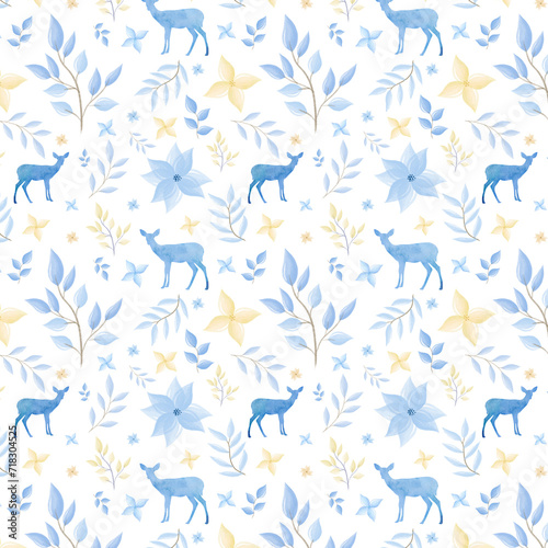 Blue winter seamless pattern. Watercolor blue pattern with flowers  leaves and deer