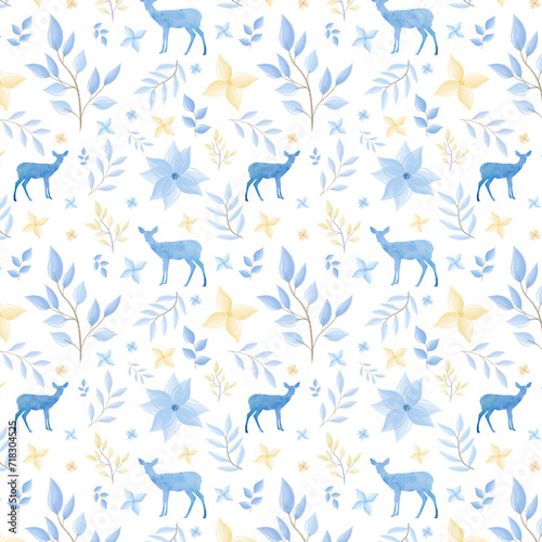 Blue winter seamless pattern. Watercolor blue pattern with flowers, leaves and deer