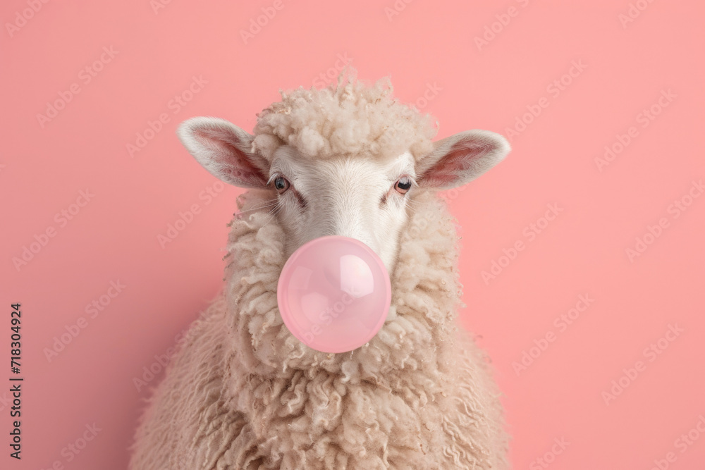 Sheep blowing bubble gum. AI generative art