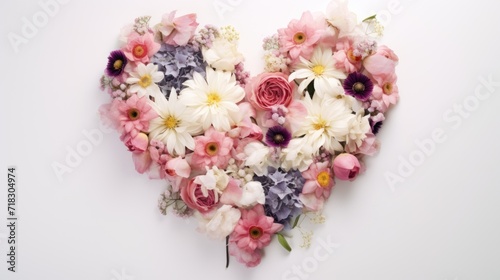  a heart - shaped arrangement of flowers arranged in a heart - shaped arrangement on a white background with pink, purple, and white flowers.