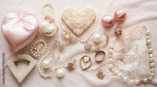  a table topped with lots of different types of pearls and a heart shaped brooch on top of a white blanket.