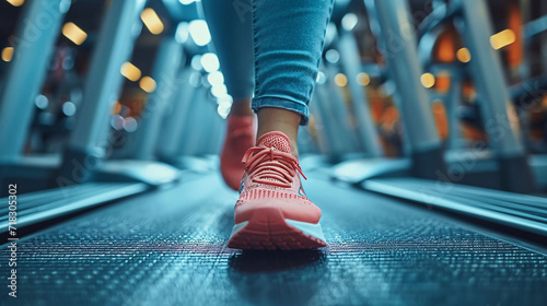 Close up foot sneakers Fitness girl running on track treadmill  Woman with muscular legs in exercise gym 