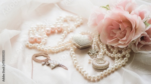  a bouquet of flowers sitting on top of a bed next to a pearl necklace and a necklace with a diamond clasp.