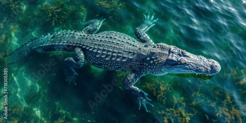 Solitary Alligator Gliding Through Sunlit Waters  a Display of Graceful Power in Its Natural Aquatic Habitat  Generative AI