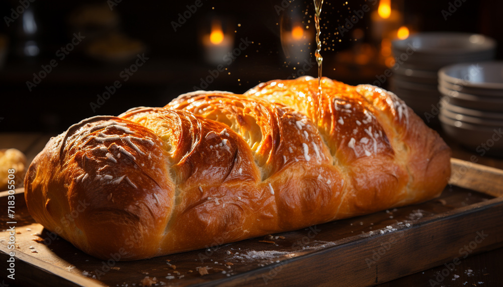 Freshly baked bread on wooden table, a homemade gourmet delight generated by AI Freshly baked bread on wooden table, a homemade gourmet delight generated by AI
