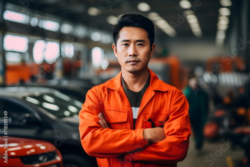 asian worker man portrait in a car factory
