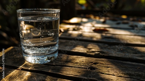 A glass of water sitting on a wooden table. Generative AI.