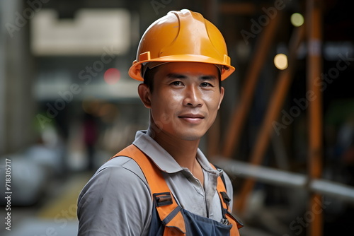 asian worker man in helmet in a building construction © dobok