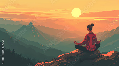 Illustration of a woman practicing meditation  yoga  and relaxation in her calm mountains  with tranquility  peaceful mind  well-being  and serenity - Generated by Generative AI