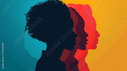 cross cultural, racial equality, multi ethical, diversity people. woman, man, children empowerment, tolerance, discrimination. wide banner background of human profile silhouette, vector illustration photo