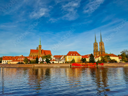  view of Cathedral Island over Odra river in old town Wroclaw, Poland