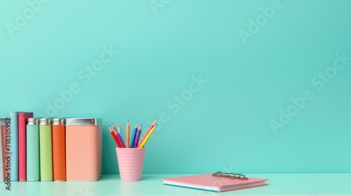  a cup of pencils, a notebook, and a pen on a desk against a teal colored wall.