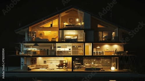 Cross section of house full of light in the night, 3d illustration