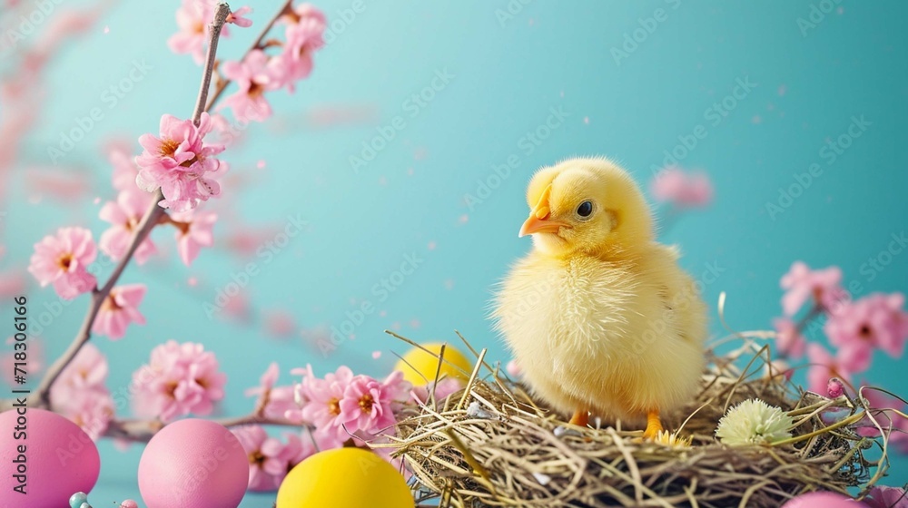 Cute and funny colorful little chickens and pink yellow Easter eggs in nest against blue background. Beautiful spring greeting card.