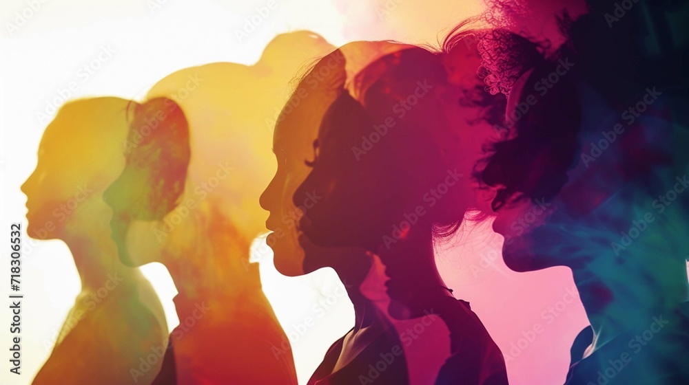 diversity women profile silhouette illustration. abstract background of powerful diverse woman social network, community, communication and exchanging business ideas and knowledge.