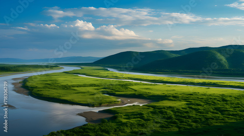 Mesmerizing Serenity: An Exquisite Capture of Enchanting Estuary Landscape Teeming with Lush Green Foliage