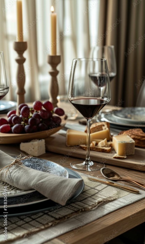 A table setting with wine glasses, cheese and grapes. Generative AI.