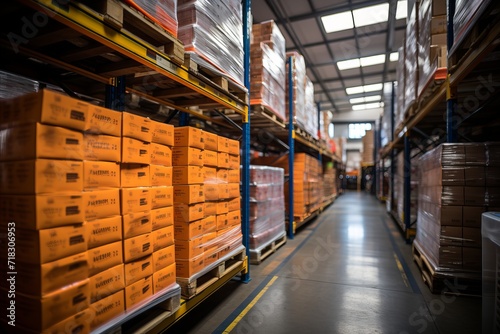 a huge warehouse of a transport company with high racks, parcel loaders work in the warehouse © anwel