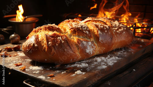 Freshly baked homemade bread on a rustic wooden table generated by AI