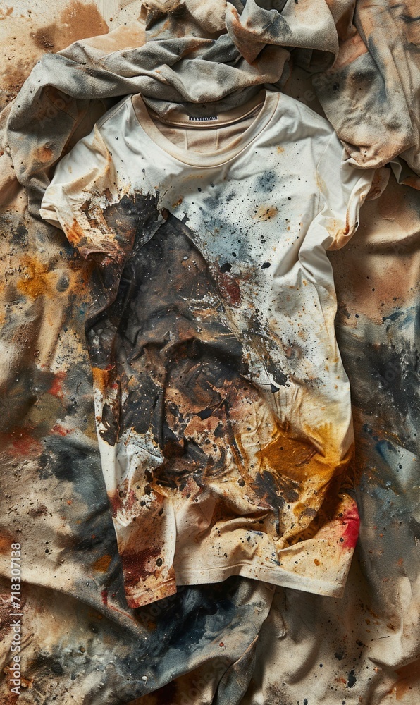 A punk t-shirt covered in paint and dirt. Generative AI.