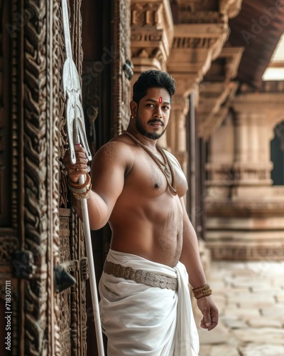 A man in indian clothing standing in front of a doorway. Generative AI.