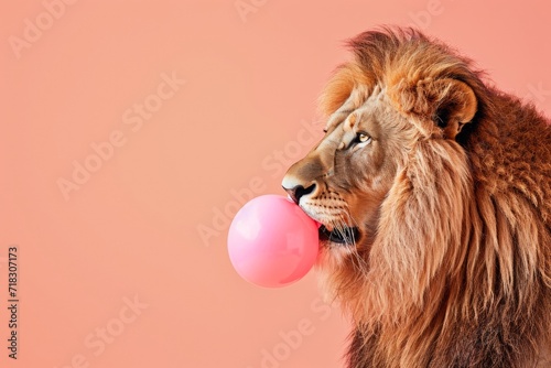 Lion blowing bubble gum. AI generative art