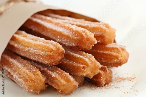 Churro stick in apaper bag. Churro - Fried dough pastry with sugar powder isolated on a white background. Close up