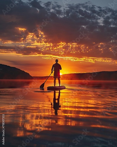 The outline of a paddleboarder on a serene lake during sunset with mountain silhouettes and a cloudy sky.